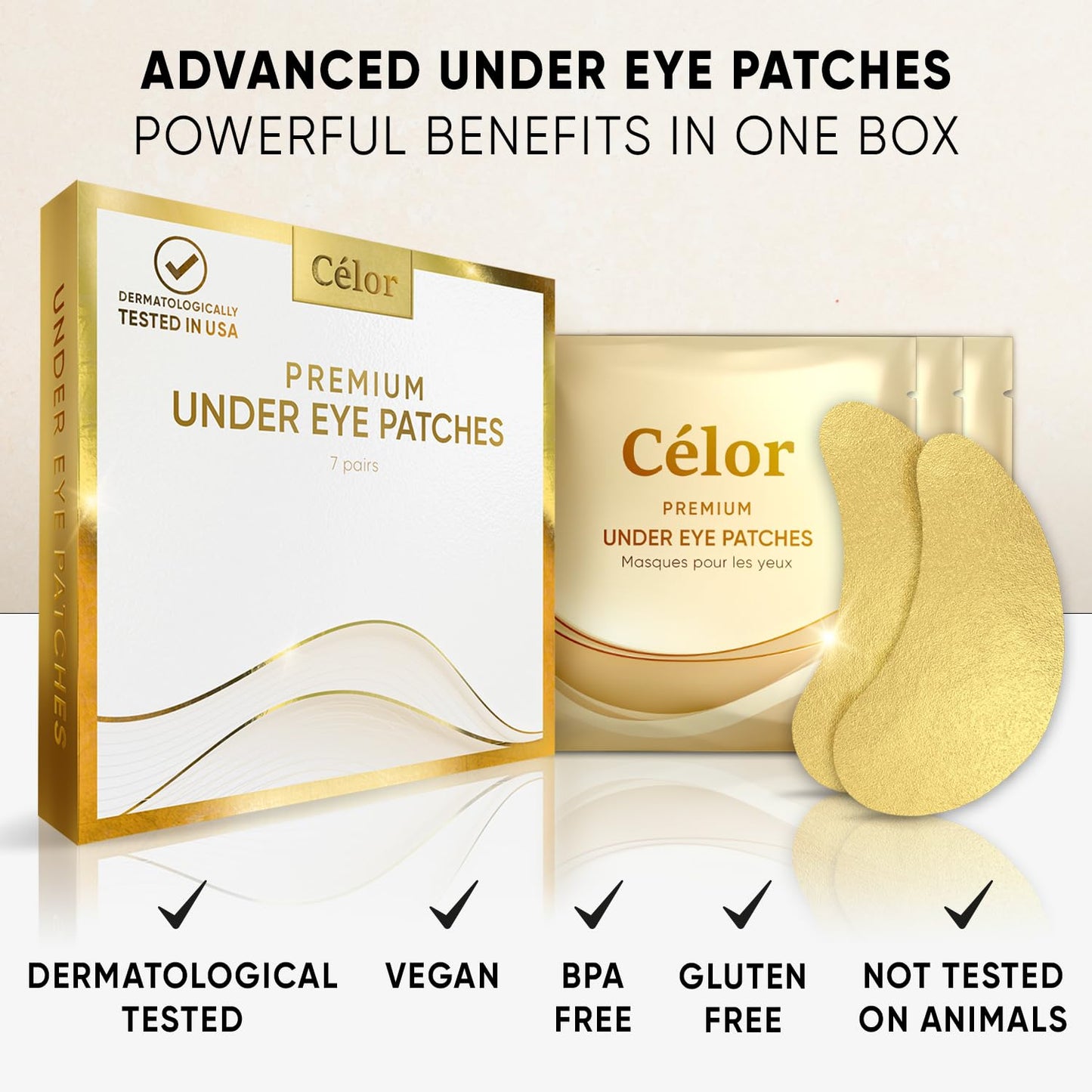 CÉLOR Under Eye Patches Premium - Golden Under Eye Mask Enriched with Hyaluronic Acid, Caffeine, Tea Tree & Collagen, under eye Patches for Women & Men (7 Pairs)