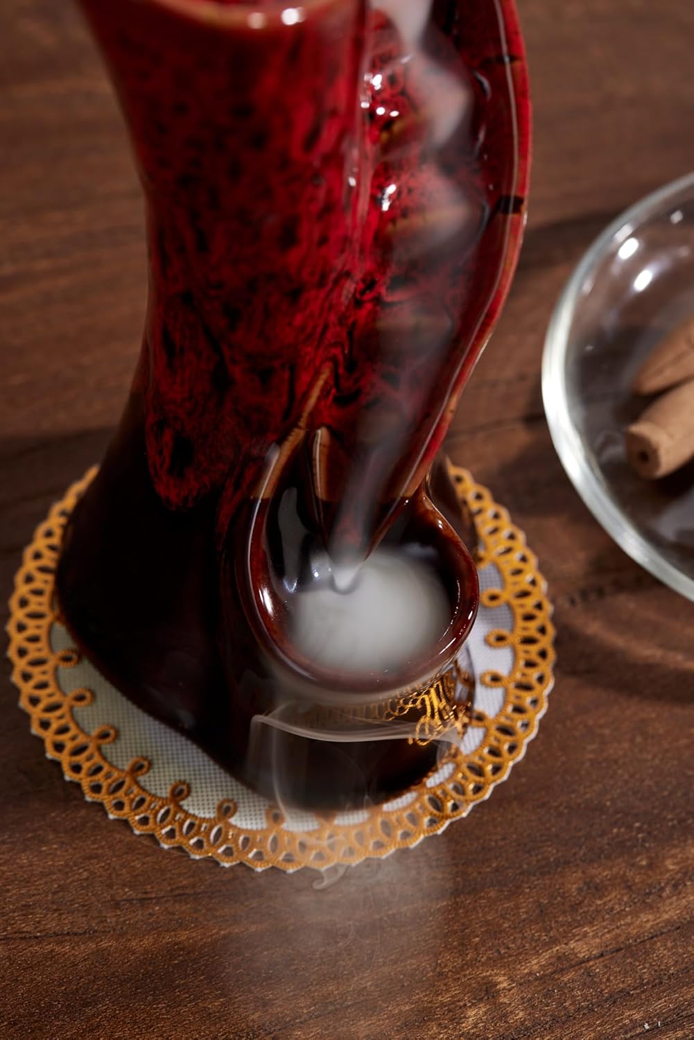 Unique Cloud Stairs Ceramic Waterfall Incense Holder, Paired with a Pack of Backflow Incense Cones. (Fambe Red)