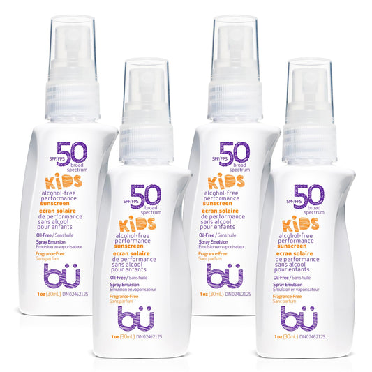 BU SPF 50 Fragrance Free Kids Sunscreen Spray for Face and Body, TSA Travel Size Sunscreen, Clear Non Aeorsol Spray, Non Greasy, Water Resistant and Oil Free, 1 oz (4-pack)