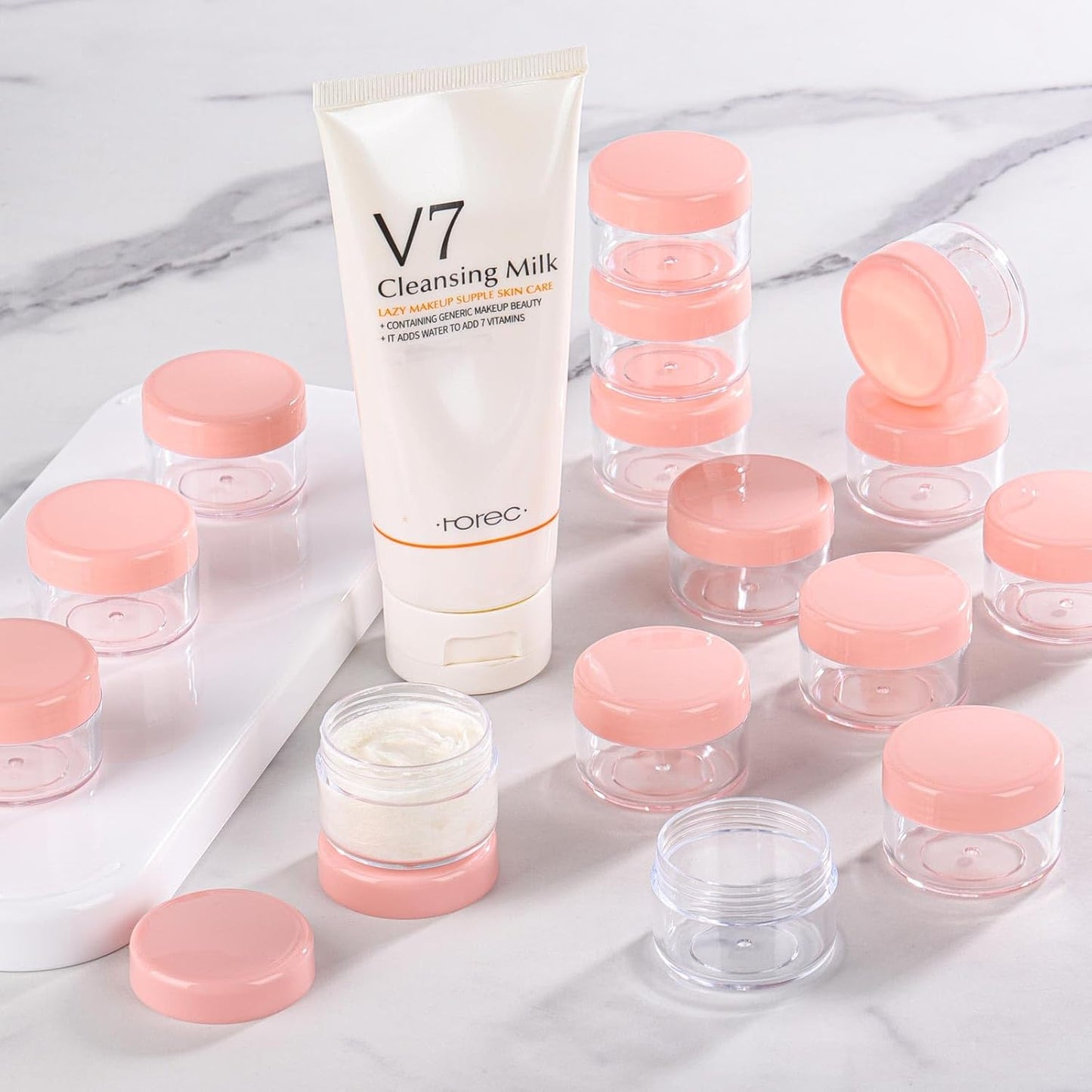 Refillable Cosmetic Sample Jars - 100 Pack 15g (0.5oz) Pink Small Travel Containers with Lids + 10 Mini Makeup Spatulas - BPA Free