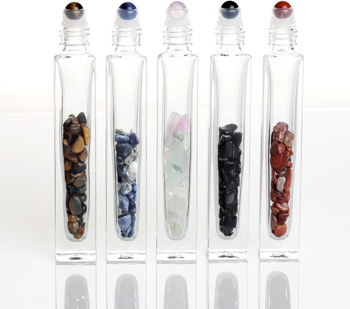 10ml Gemstone Roller Square Bottles Refillable Roll On Bottles Healing Crystal Chips Inside For Perfumes Aromatherapy Oils 5pack