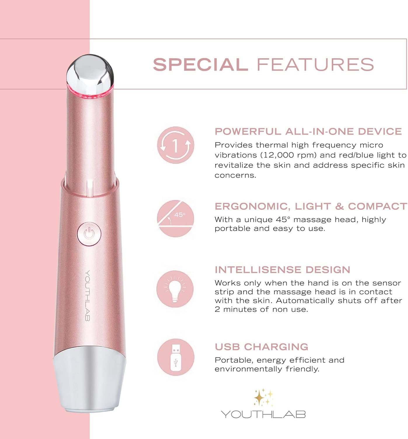 Eye & Face Wand/Tool – Heated Eye Wand with Vibration | Tired Eyes, Brighter Under Area, Redness Relief, Product Absorption, Smoother Skin & Relaxing Massage | Rose Gold