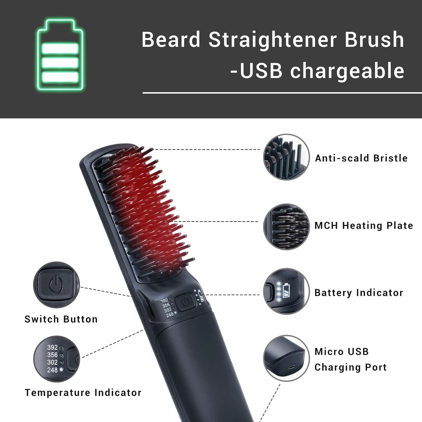 Premium Beard Mini Straightener Brush, Professional Straightener Brush for Men, Rechargeable 6400 mAh Straightening Tool Heated Comb, for Short & Long Beards for Home and Travel