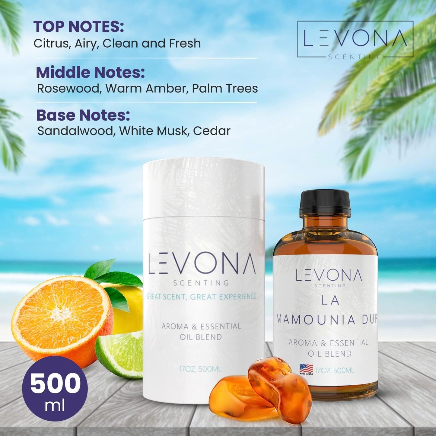 Levona Scent Essential Oil - Fresh Aroma for Home, Office, Hotel & Spa, Perfect in Humidifiers and Diffusers, Luxury Fragrance, with Citrus, Rosewood, Amber Notes - 500ml/ 17 fl oz, La Mamounia Dup