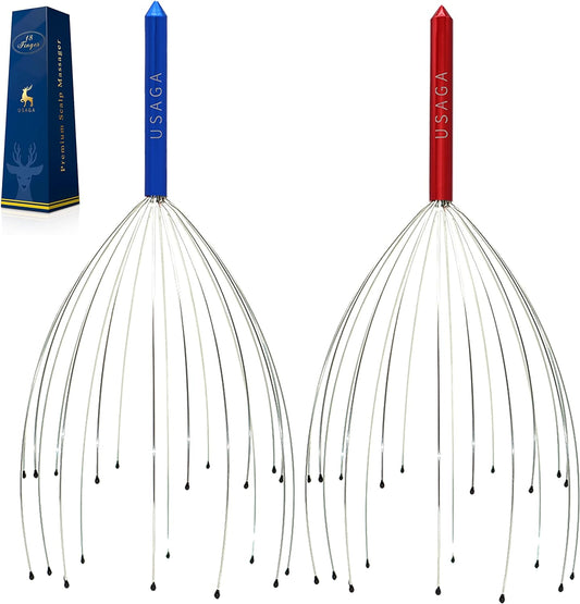 USAGA Head Massager Scalp Massager 20 Fingers Head Scratcher for Scalp Body Relaxing (Red & Blue)