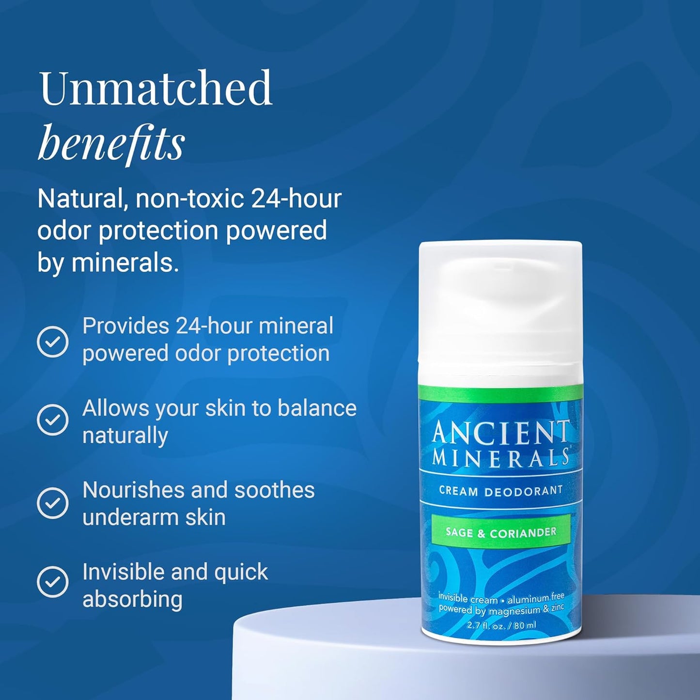 Ancient Minerals Natural Deodorant Cream – Sage & Coriander Scent, Aluminum-Free, Vegan Deodorant for Women and Men with Magnesium, Zinc & Vitamin E, for Sensitive Skin, 2 oz