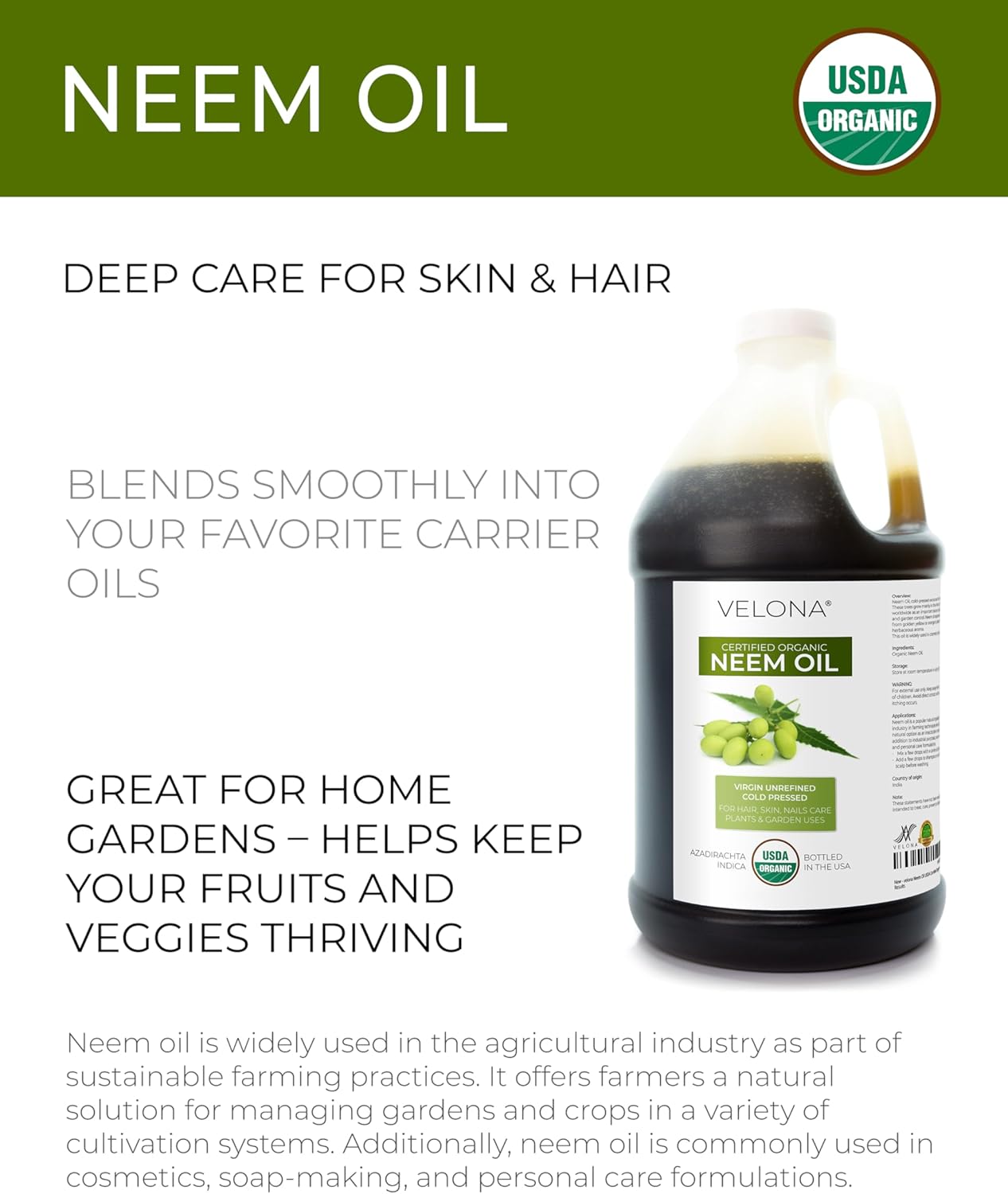 velona Neem Oil USDA Certified Organic - 64 Fl Oz | 100% Pure and Natural Carrier Oil | Virgin, Unrefined, Cold Pressed | Hair, Body and Skin Care | Use Today - Enjoy Results