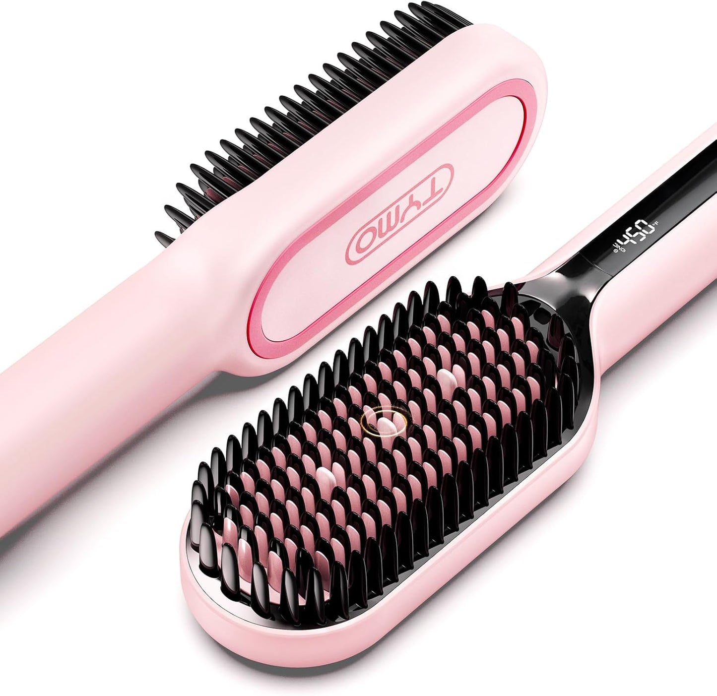 TYMO Hair Straightener Brush - Upgraded Ionic Plus Straightening Brush with Dense Bristles, 16 Temps, Dual Voltage | Ceramic Hot Comb for Women | Flat Iron for Thick Curly Hair, Pink