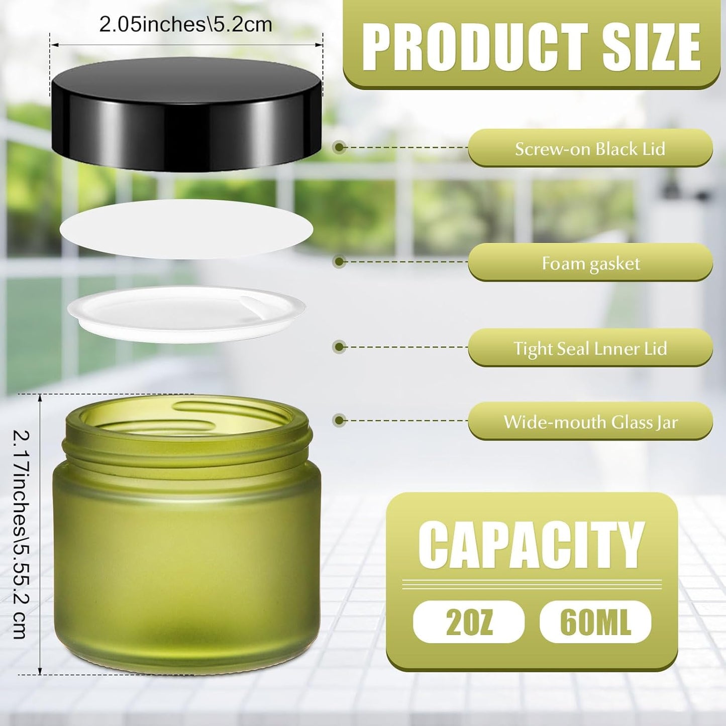Domensi 32 Pcs 2 oz Glass Jars with Lids Travel Size Round Leakproof Empty Cosmetic Jars with Inner Liners Lid for Storing Makeup Lotions Face Cream Ointments Candle DIY Making (Pea Green)