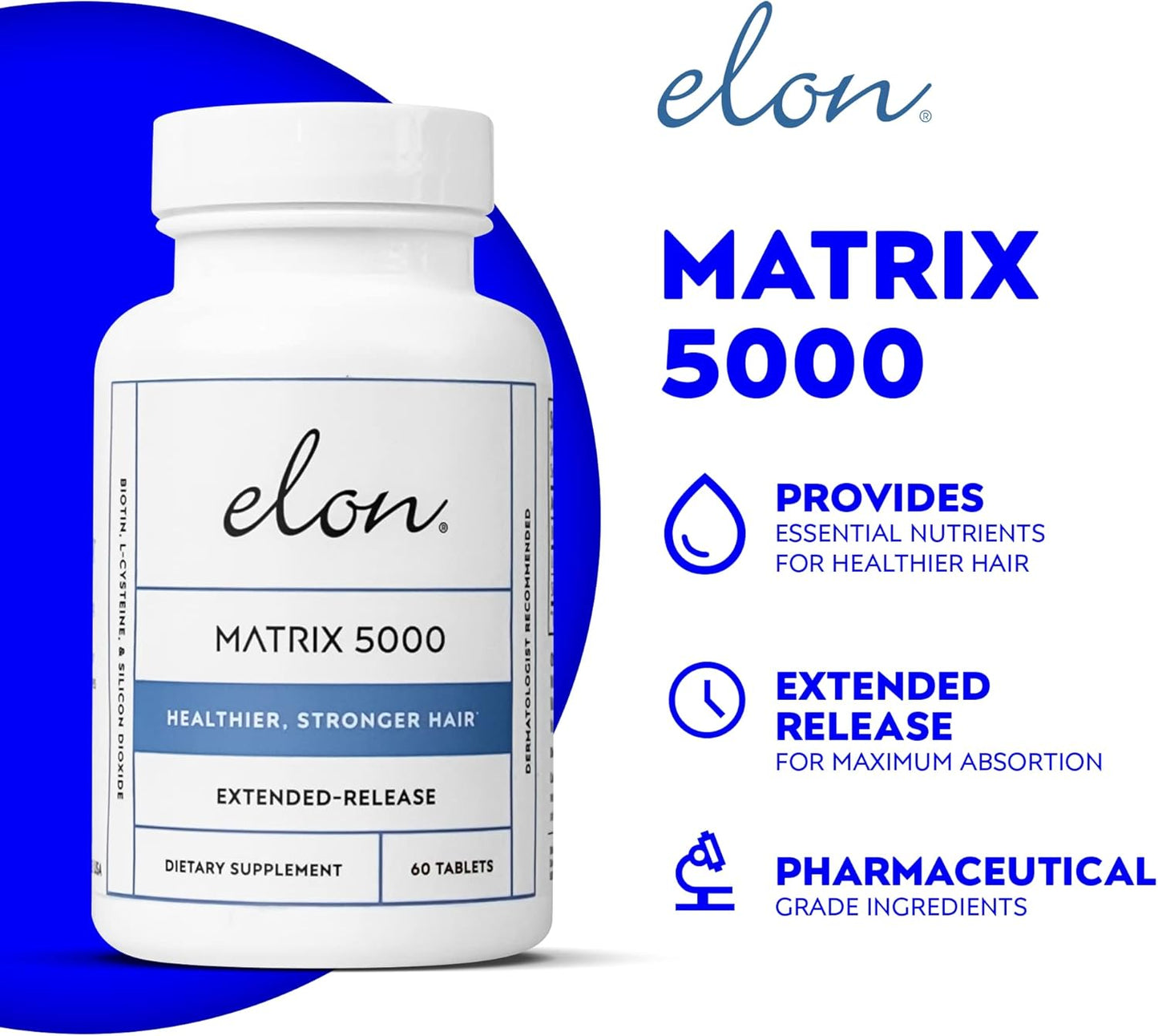 Elon Matrix 5000 - Biotin 5000mcg Vitamins for Hair Growth w/Extended Release - Promotes Healthy & Strong Hair & Nails - (60 Day Supply)