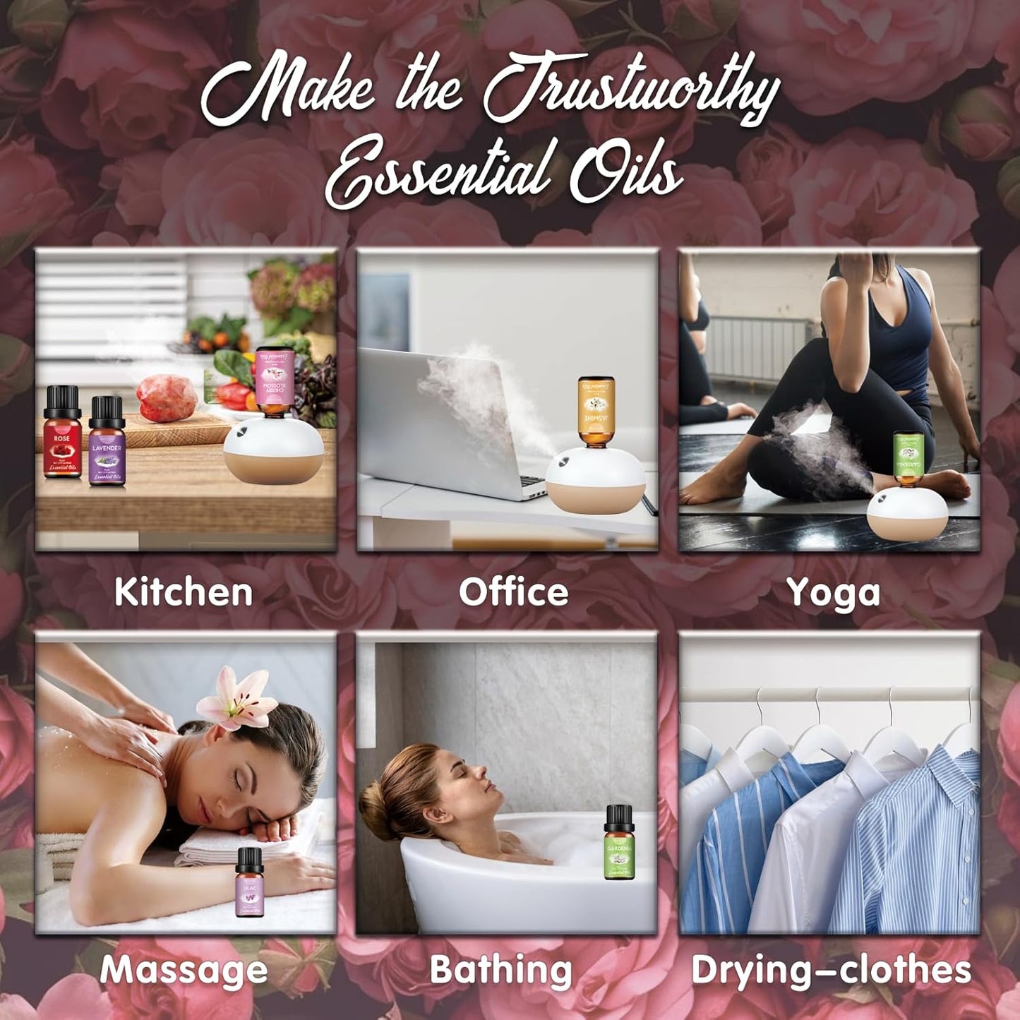 Floral Essential Oils Set for Diffusers & Candle Making - 6x10ml Natural Botanical Blends with Rose, Lavender, Lilac, Jasmine, Gardenia, Cherry Blossom Scents