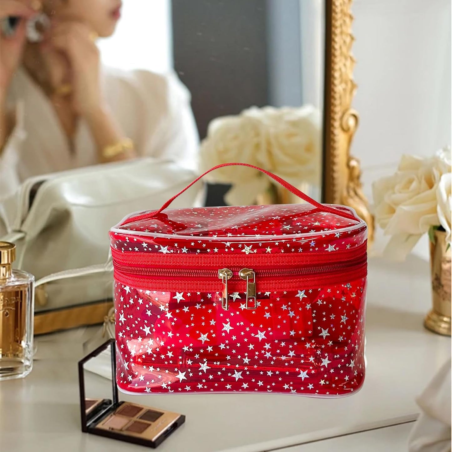 Holographic Makeup Bags Bulk,Clear Storage Bag Toiletry Pocket Portable Zippered Iridescent Pouch Waterproof Cosmetic Gift Bags for Women (Red-L)