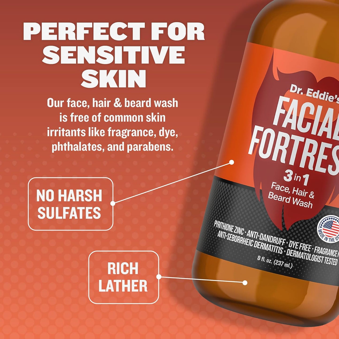 Dr. Eddie's Facial Fortress 3 in 1 Face, Hair, & Beard Wash - Beard Dandruff Shampoo for Men, Beard Cleanser, Face Wash, Beard Care, Face Soap with Pyrithione Zinc - 8 Fl Oz (Pack of 1)