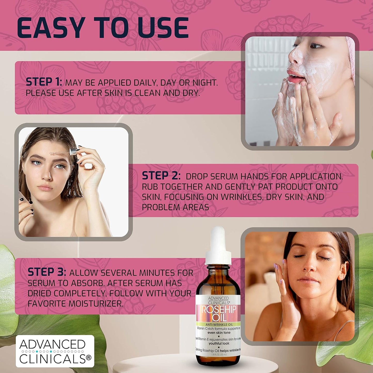 Advanced Clinicals Rosehip Oil For Face | Anti Wrinkle Facial Skin Care Serum | Vitamin C Serum Moisturizer Face Oil W/Vitamin E For Fine Lines, Dark Spots, Uneven Skin Tone, & Sun Damage, 1.8 Fl Oz