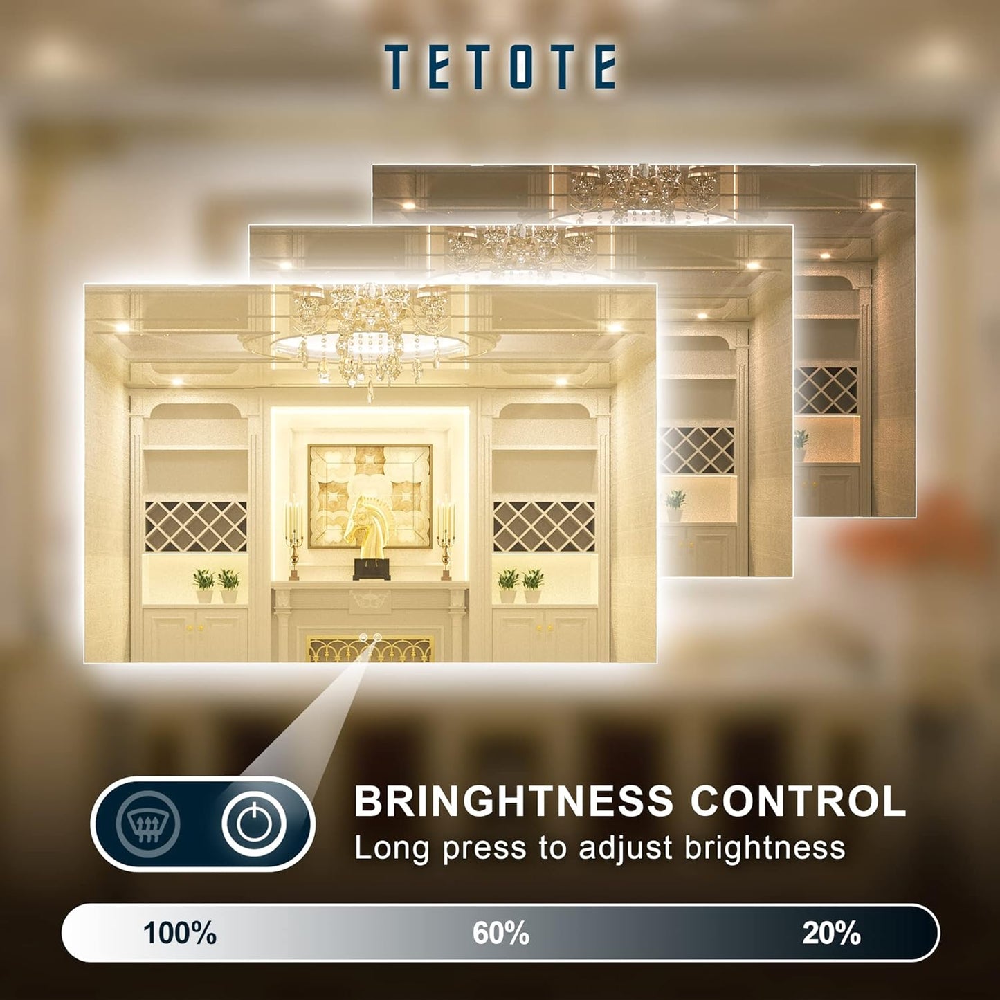 TETOTE 60 x 40 Inch LED Backlit Bathroom Mirror with Light,Anti-Fog,Dimmable,CRI90+,Water Proof,Vanity Lighted Mirror,Wall Mounted(Horizontal/Vertical)