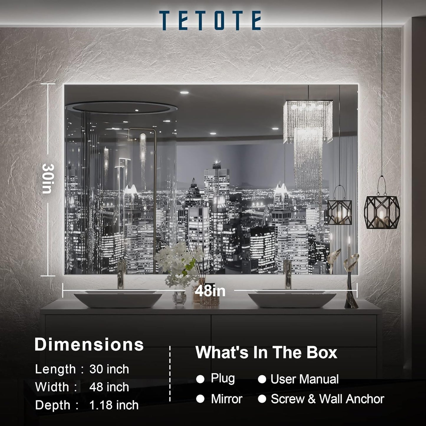 TETOTE 48 x 30 LED Backlit Bathroom Mirror with Light,3Color White/Warm/Natural,Anti-Fog Lighted Mirror,Dimmable,Vanity Mirror,Wall Mounted