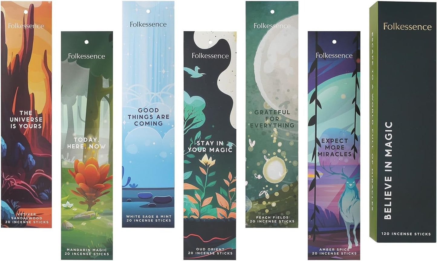 Folkulture Incense Sticks | Set of 6 (120 Non Toxic Insence-Sticks) with 45 Mins Burn Time | White Sage, Sandalwood, Oud Orient, Amber Space, Peach Fields | Organic Inscents-Stick Gift for Her