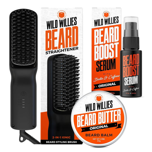 Wild Willies Beard Care Kit: Heated Beard Straightener for Men, Beard Butter, & Beard Growth Serum - Ultimate Grooming Tool Set, Beard Balm, Hydrating Serum, Hot Comb Beard Brush for Daily Use