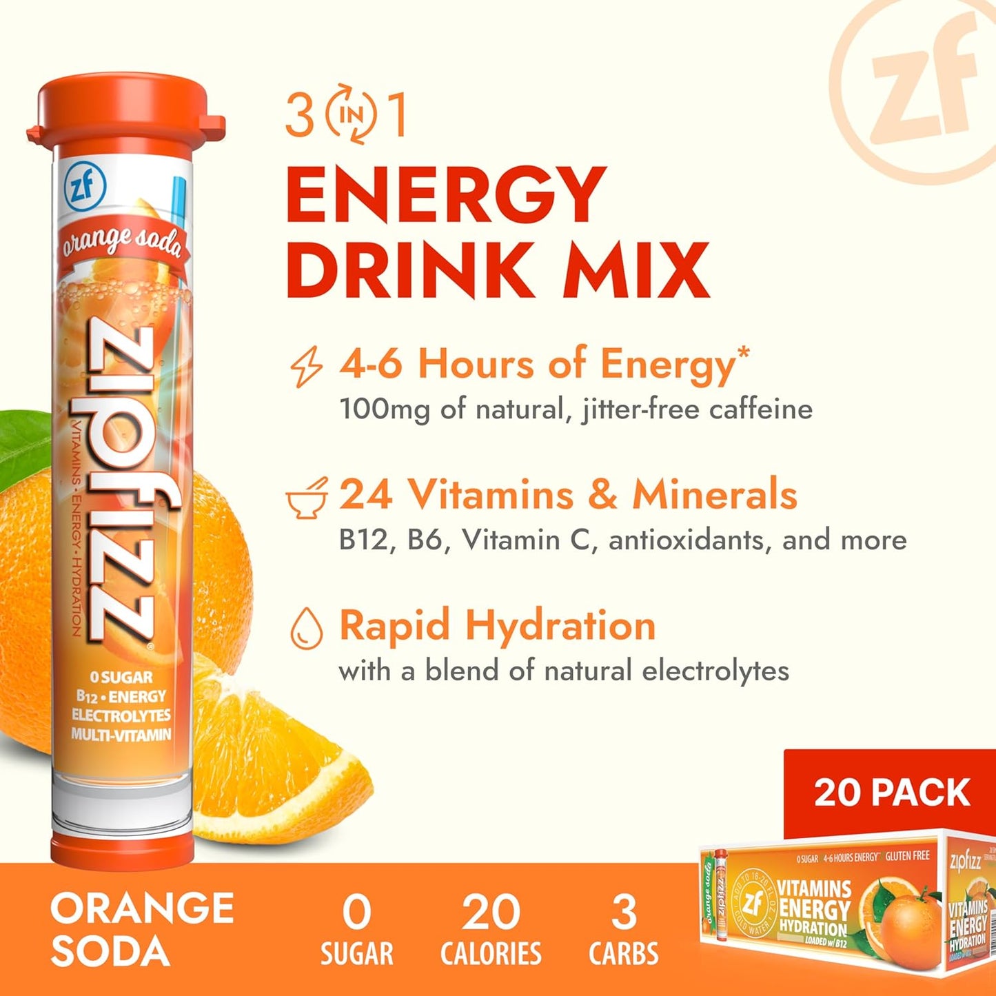 Zipfizz Daily Energy Drink Powder, Orange Soda, 20 Pack | 3-in-1 Sustained Energy, Rapid Hydration, and Essential Vitamins | Sugar-Free | Electrolyte Powder | Contains Vitamin B-12 & Antioxidants