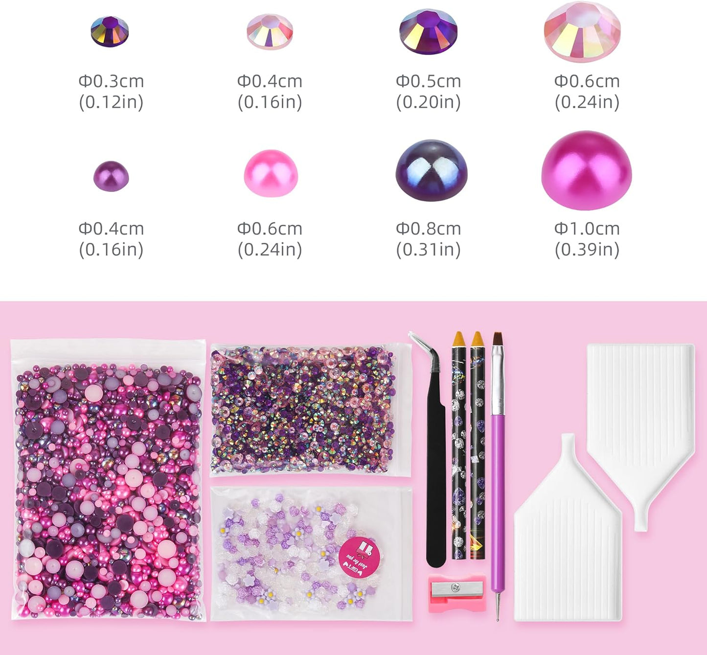 160g Pink Purple Flat Back Pearls Rhinestones for Crafts Mixed Size 3mm-10mm AB Color Round Half Pearls Flatback Pearl Beads and Resin Rhinestones Set for Face Art