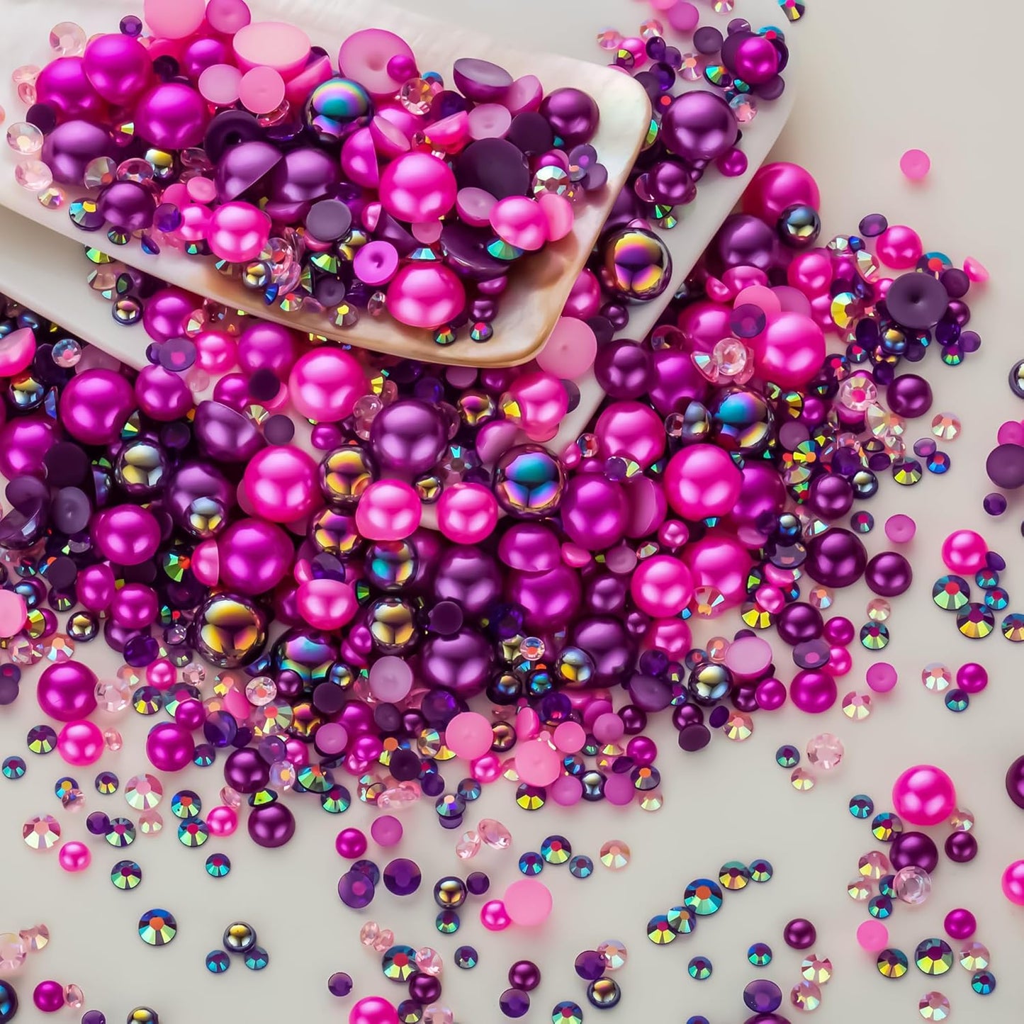 60g Pink Purple Flat Back Pearls Rhinestones for Crafts Mixed Size 3mm-10mm AB Color Round Half Pearls Flatback Pearl Beads and Resin Rhinestones Set for Face Art with Glue