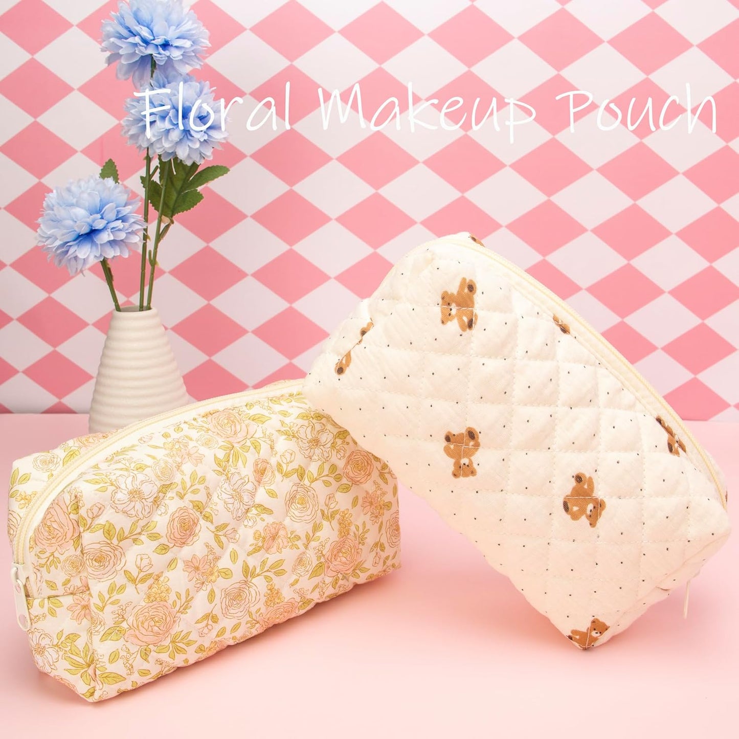 PAZIMIIK Vintage Quilted Makeup Bag Cosmetic Pouch for Brushes Pencils and Travel Make Up Accessories for Women and Girls Bear Beige