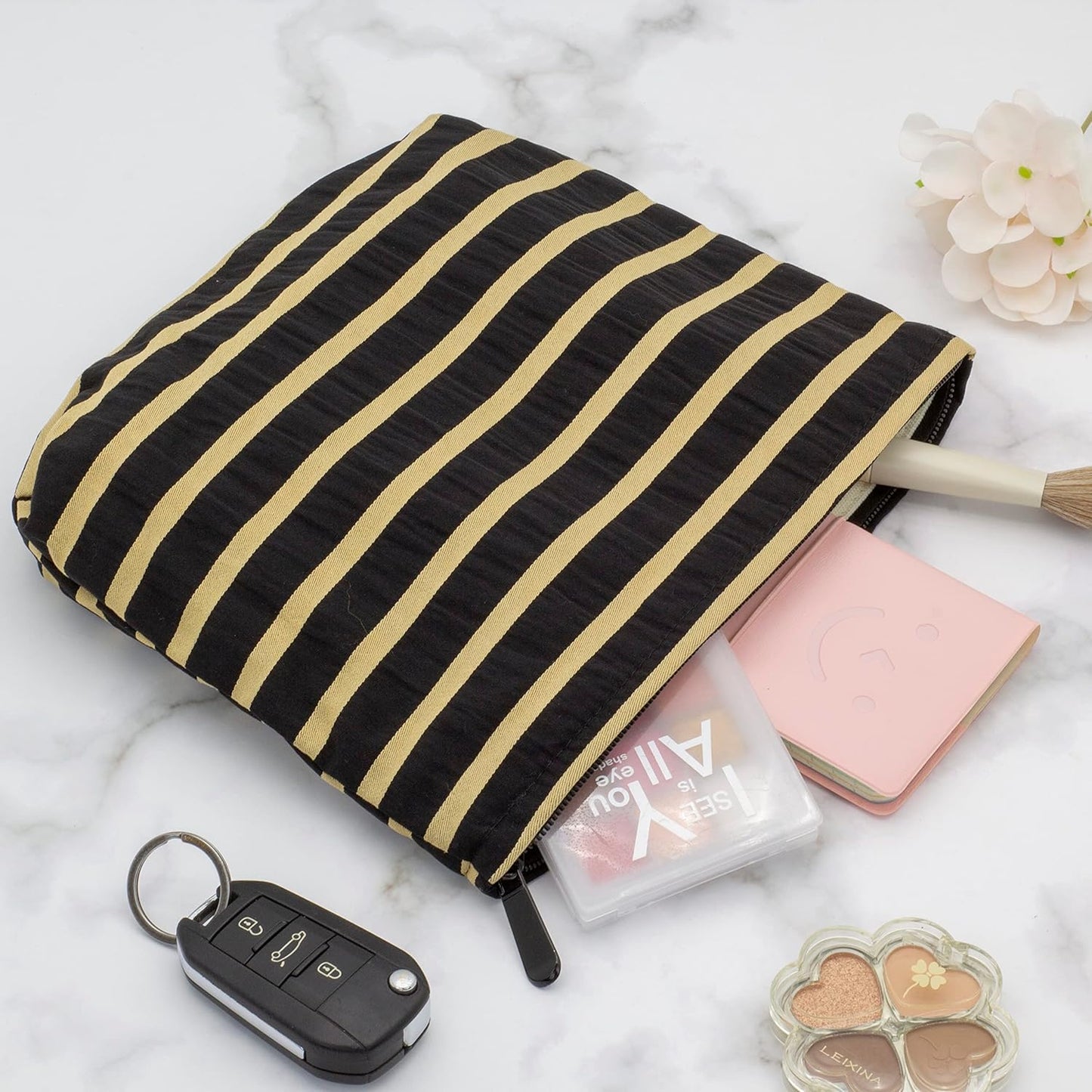 PAZIMIIK Floral Makeup Bag Large Cotton Zipper Pouch for Purse Travel Canvas Make Up Organizer for Women Cosmetic,Stripe Black