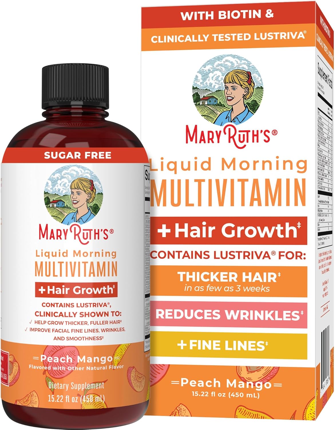 MaryRuth's Liquid Multivitamin + Hair Growth | Biotin 10000mcg | Lustriva Hair Growth Supplement | Clinically Tested in Women for Thicker Hair & Facial Wrinkles | Skin Care | Ages 18+ | 15.22 Fl Oz