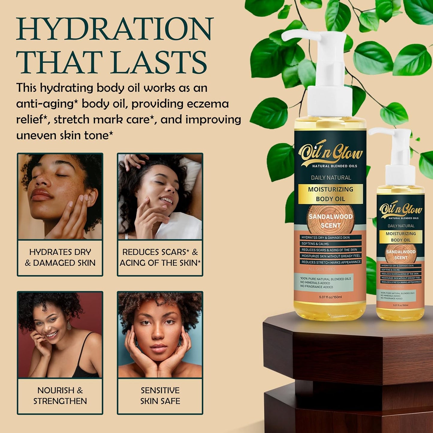 USDA Certified Organic Pure Natural Hydrating Body Oil After Shower With Coconut, Jojoba, Olive & Almond Non-Greasy Moisturizing Oil For Women & Men Dry Skin 5.07 fl oz/150ml-Sandalwood Scent