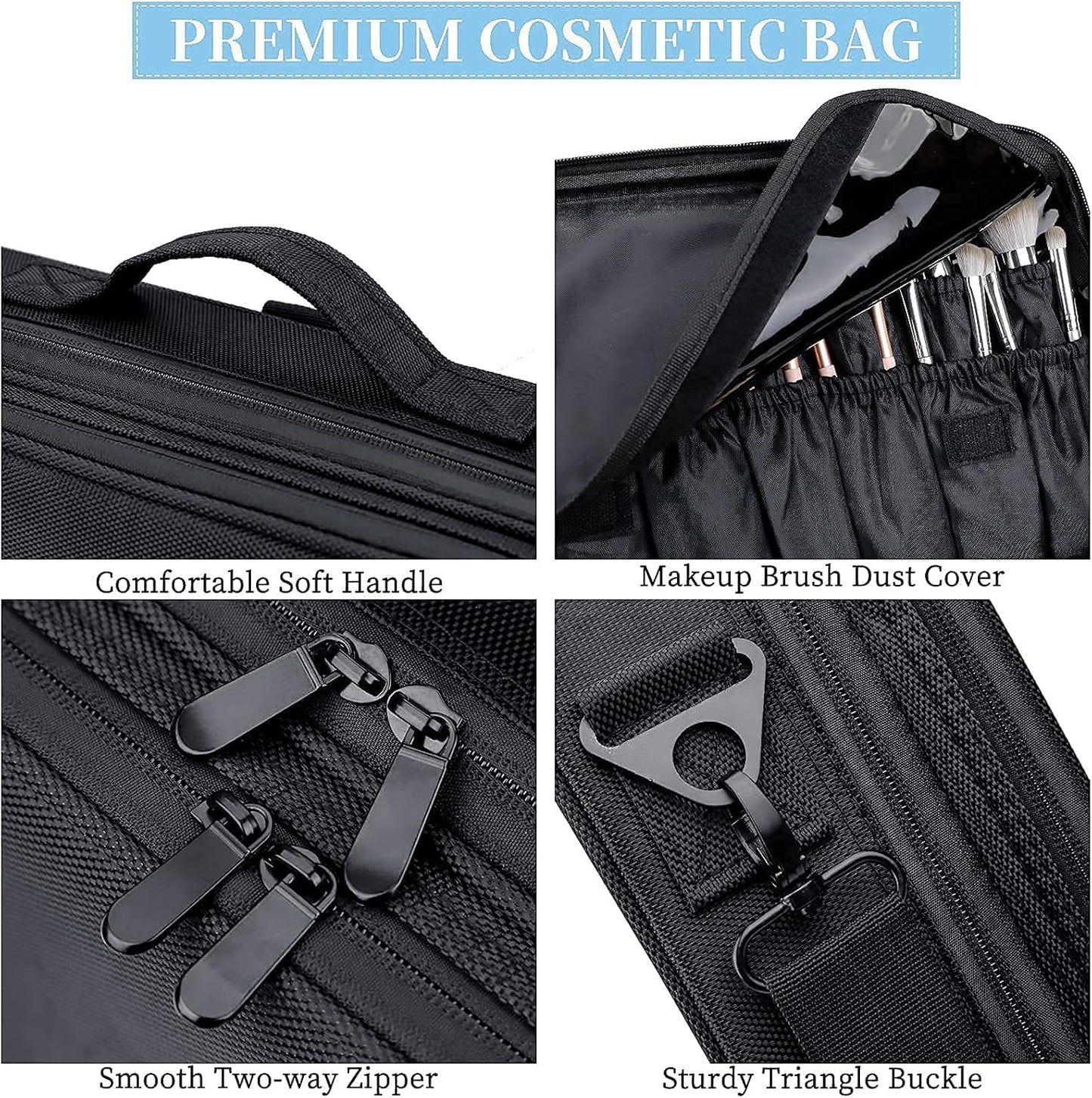 JOURMON Travel Makeup Case 3 Layers Makeup Train Case Portable Makeup Bag Organizer Portable Artist Storage Bag with Adjustable Dividers and Shoulder Strap（Black, M）