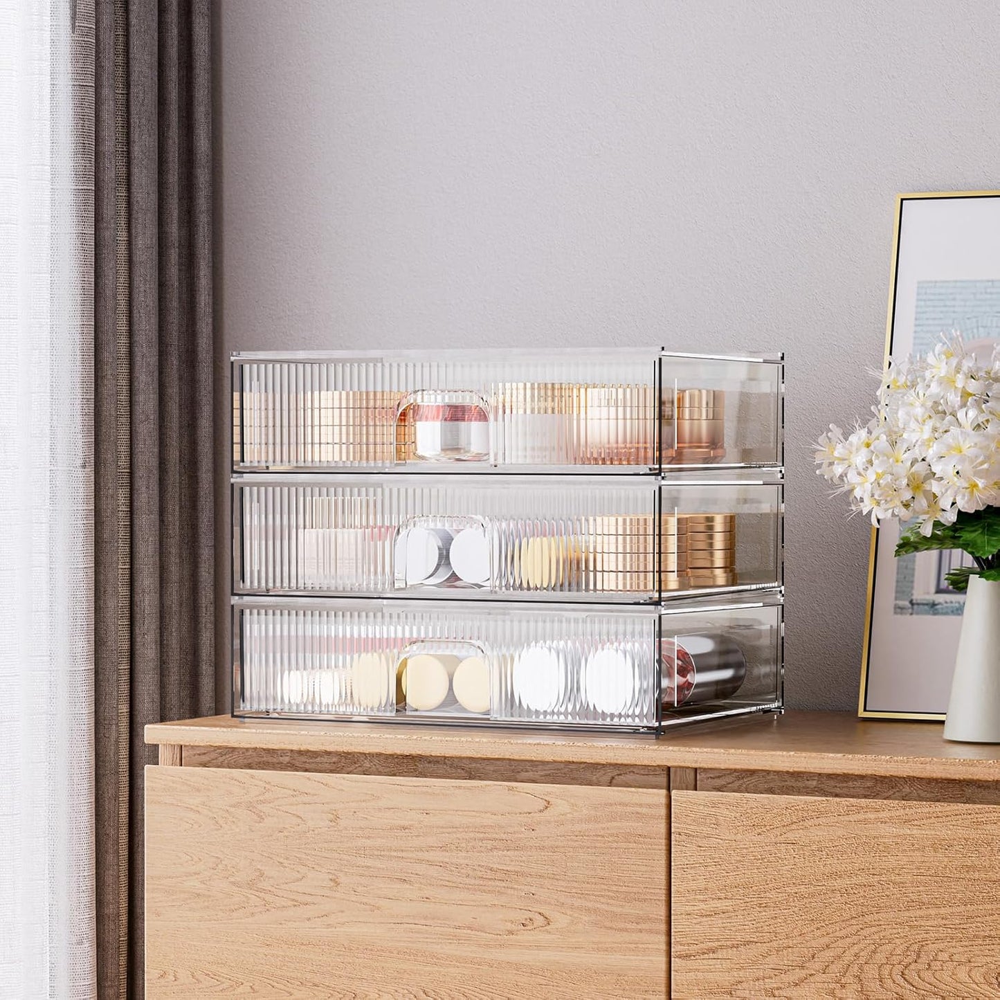 ZHIAI Stackable Storage Drawer, 3 Piece Acrylic Organiser for Cosmetics and Beauty Products, Suitable for Dressers, Bathrooms, Cabinets, Storage Rooms, Bedrooms and Home Organisers