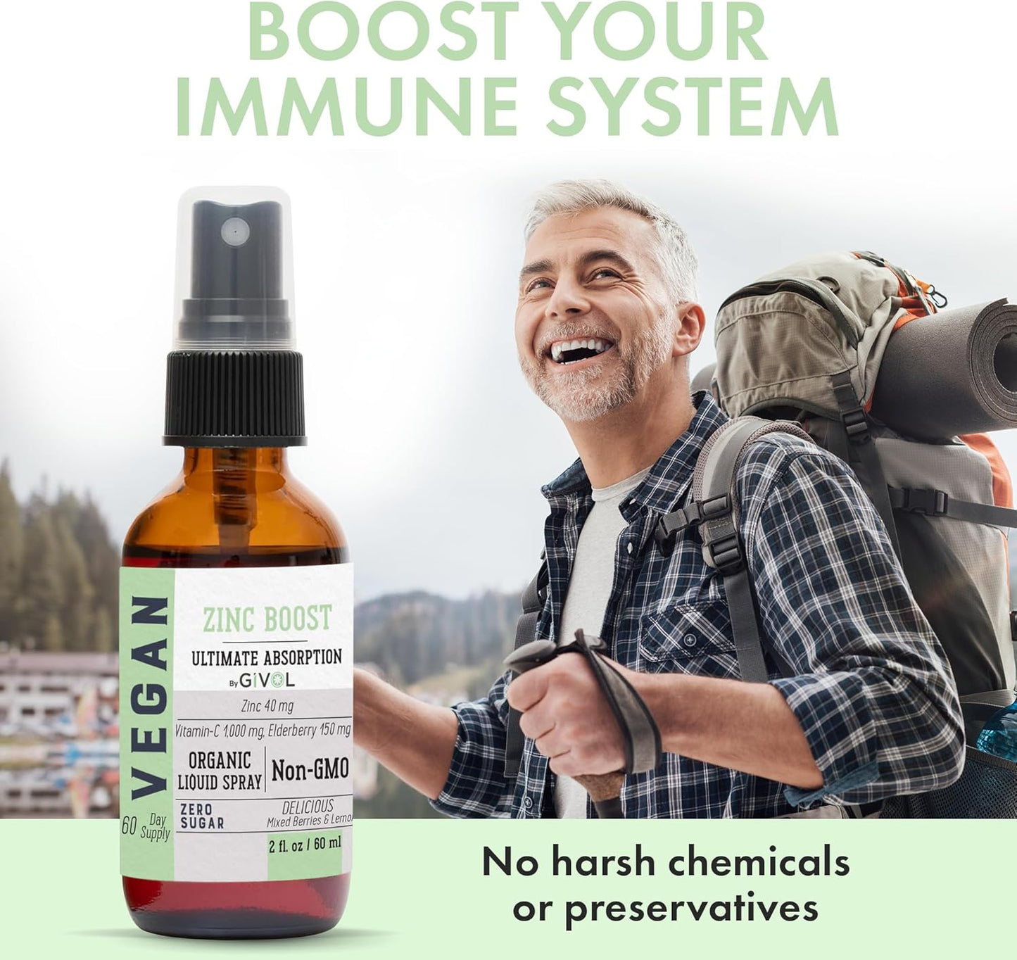 Organic ZINC Boost Mist 40 mg (Extra Strength) - Sugar Free with Vit C and Elderberry Extract - Vegan Liquid Spray for Kids and Adults - Easy Absorption - Non-GMO - (60 ml) 60 Days Supply