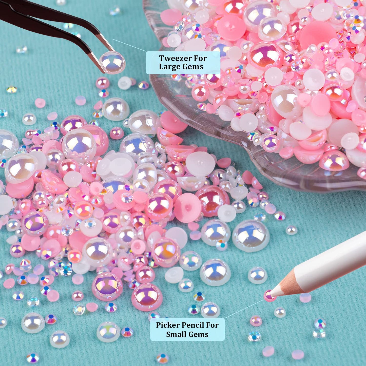 100g Flatback Pearls and Rhinestones Set 1-Pink&White, Mixed Size 3-10mm Resin Rhinestones and Half Pearls for Nail Art and Crafts and Decoration with Tweezer and Pickup Pencil