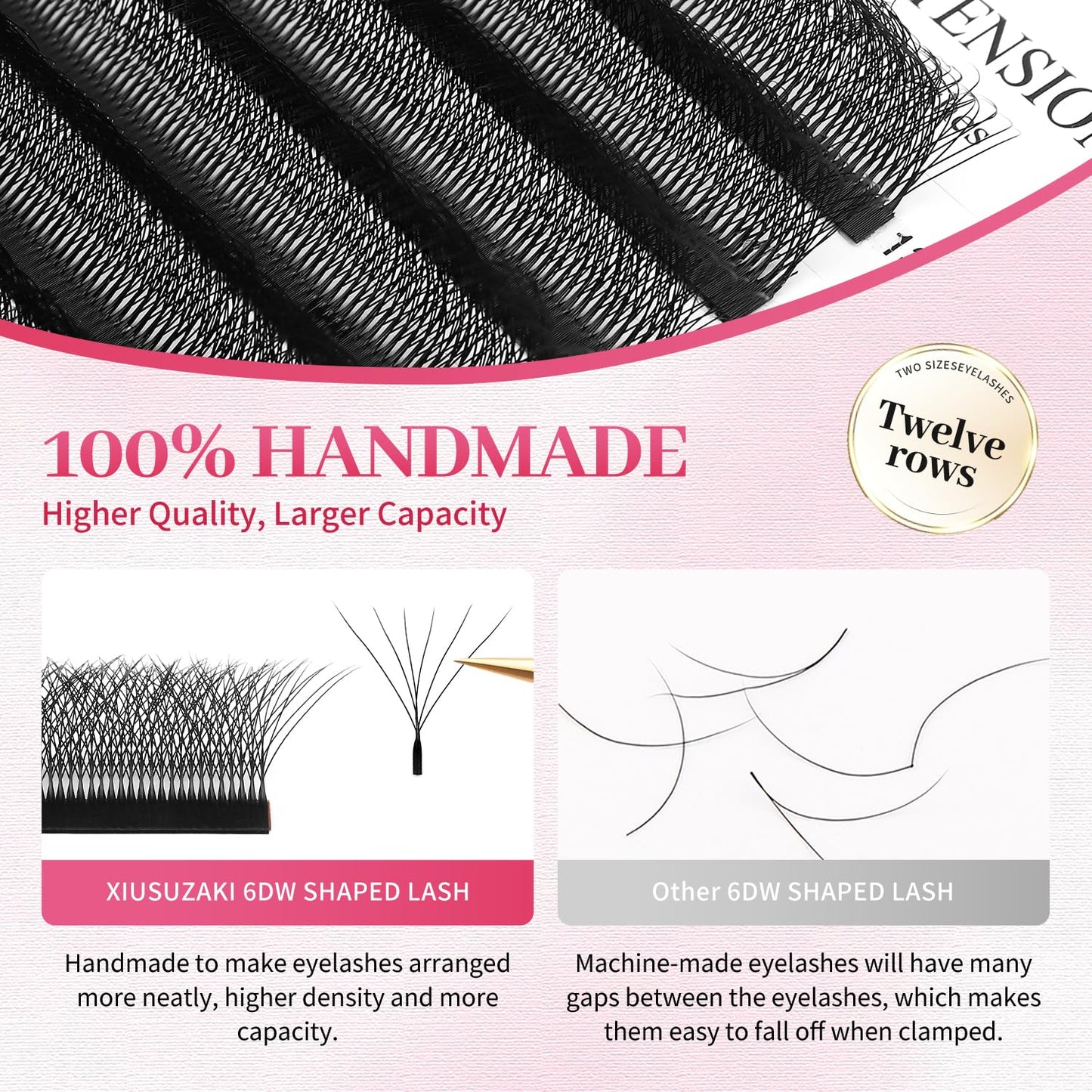 Lash Extensions 6D Eyelash Extensions W Lashes 0.07mm Thickness C Curl Lashes 8mm Soft Lash Trays Pestañas Pelo a Pelo Natural Matte Black False Eyelashes Individual Lashes(W-6D-0.07-C,8mm)