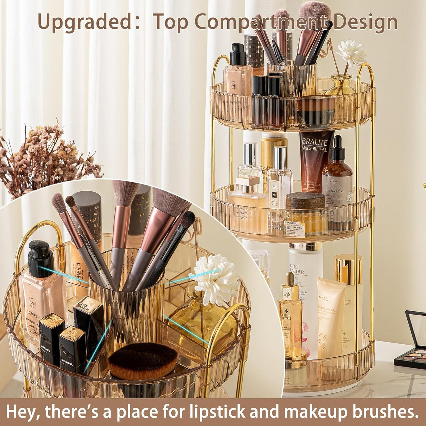 Rotating Makeup Organizer for Vanity, High-Capacity Skincare Clear Make Up Storage Perfume Organizers Cosmetic Dresser Organizer Countertop 360 Spinning (Gold, New-3 Tier)