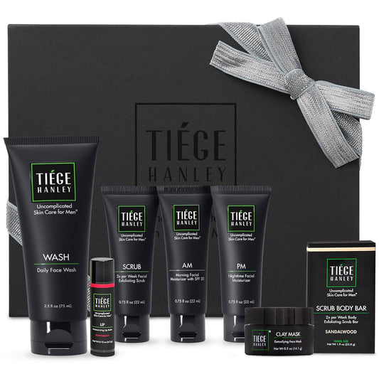 Tiege Hanley Mens Skin Care Gift Box Set, Silver - Men's Skincare Set Includes Face Wash, AM & PM Facial Moisturizer, Face Clay Mask & Scrub, Body Scrub Bar, & Moisturizing Lip Balm