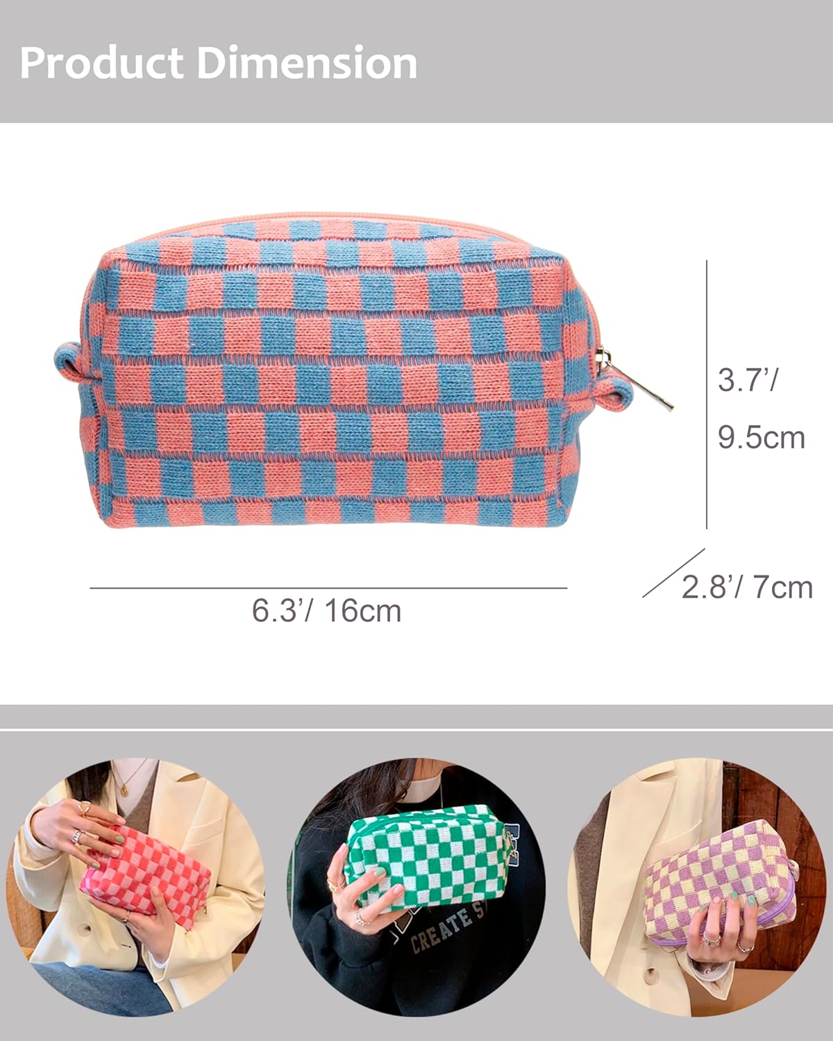 PAZIMIIK Checkered Makeup Bag for Purse Portable Zipper Make Up Pouch Small Cosmetic Case for Travel Red Blue