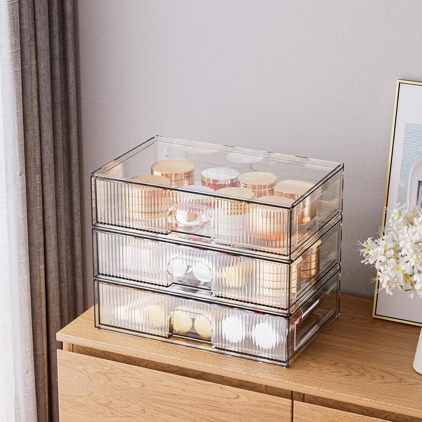 ZHIAI Stackable Storage Drawer, 3 Piece Acrylic Organiser for Cosmetics and Beauty Products, Suitable for Dressers, Bathrooms, Cabinets, Storage Rooms, Bedrooms and Home Organisers
