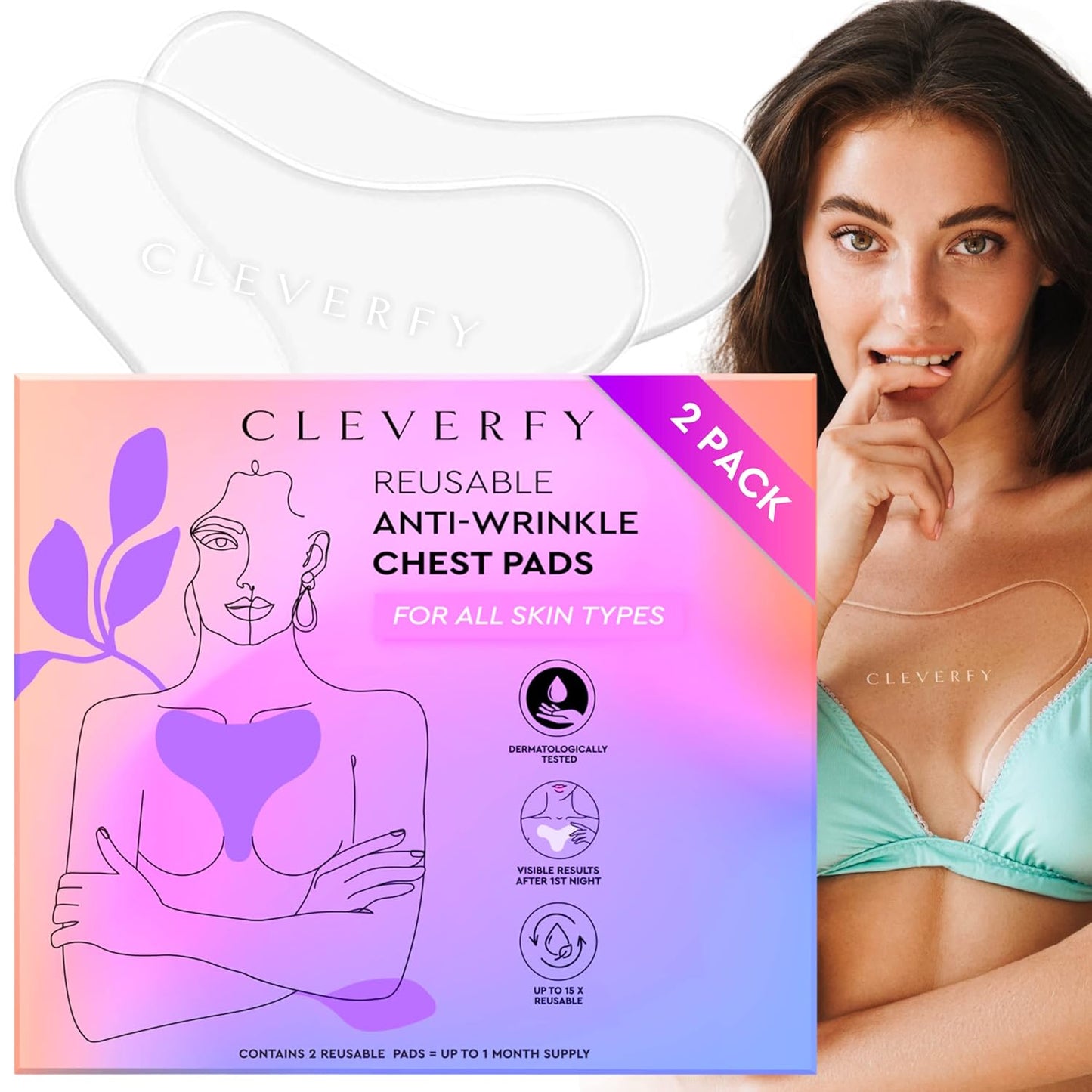 CLEVERFY Silicone Chest Wrinkle Pads Sleeping Reusable (2 Pack T-shape) - Silicone Decollete Anti Wrinkle Chest Pads - Anti Wrinkle Patches for Decollete Wrinkle Prevention