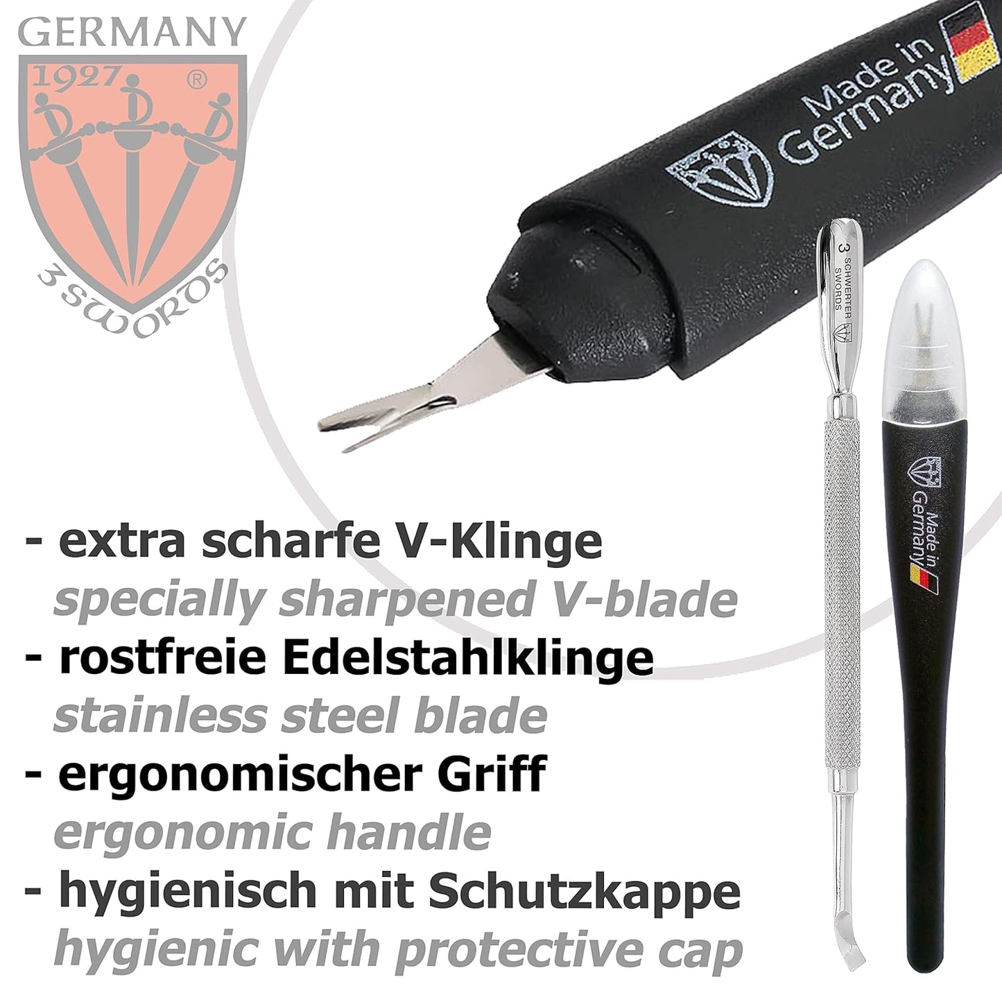 3 Swords Germany - Brand Quality Cuticle Knife Trimmer Remover Cutter (1pc.) and Cuticle Pusher Scratcher (1 pc.) Made in Germany