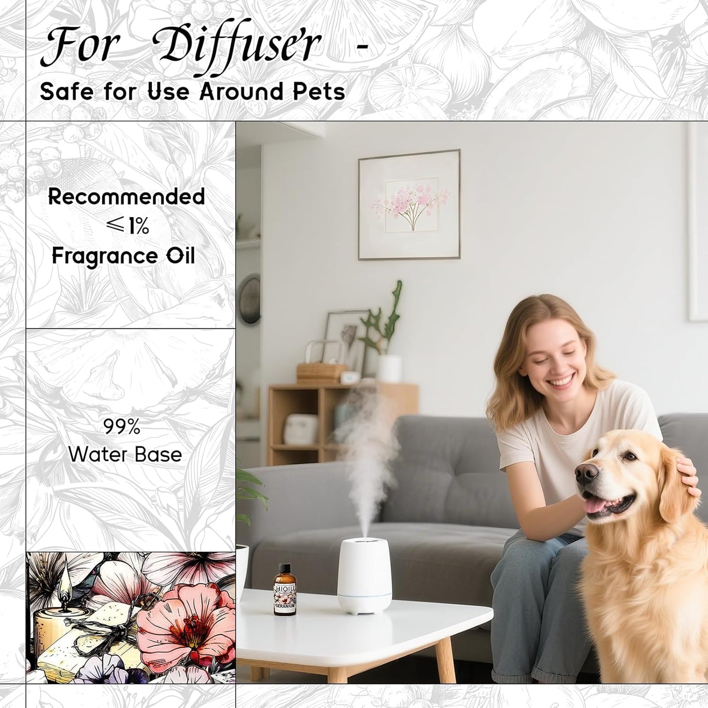 HIQILI Geranium Fragrance Oil for Home Diffuser, Relaxation, Essential Oil for Candle & Soap Making, Long-Lasting Scents, Car Freshies - 1 Fl Oz