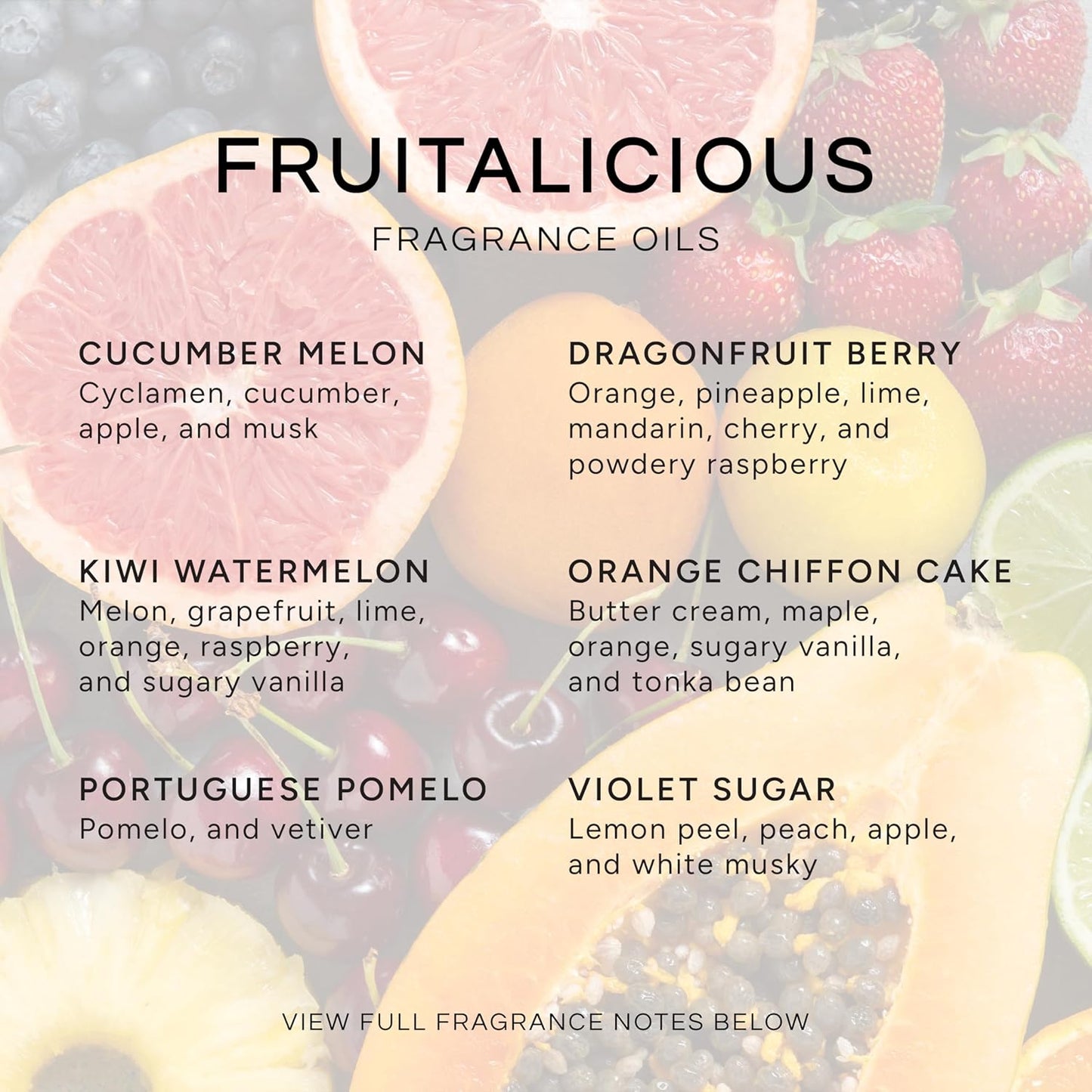 Eternal Essence Oils Fruitalicious Set of 6 Premium Fragrance Oils - Violet Sugar, Kiwi Watermelon, Orange Chiffon Cake, Cucumber Melon, Portuguese Pomelo, and Dragon Fruit Berry Scented Oils - 10ML