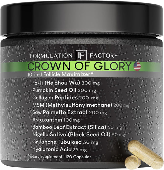 Crown of Glory 10-in-1 Hair Growth Maximizer, DHT Blocker with Saw Palmetto, Fo-Ti, Collagen, Supports Thicker Hair & Scalp Health (2 Month Supply, 120 Capsules)