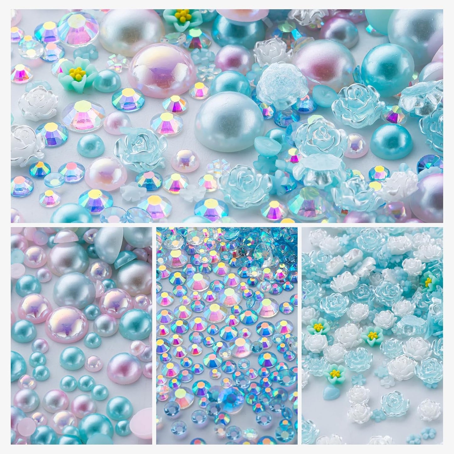160g Cyan White Flat Back Pearls Rhinestones for Crafts Mixed Size 3mm-10mm AB Color Round Half Pearls Flatback Pearl Beads and Resin Rhinestones Set for Face Art