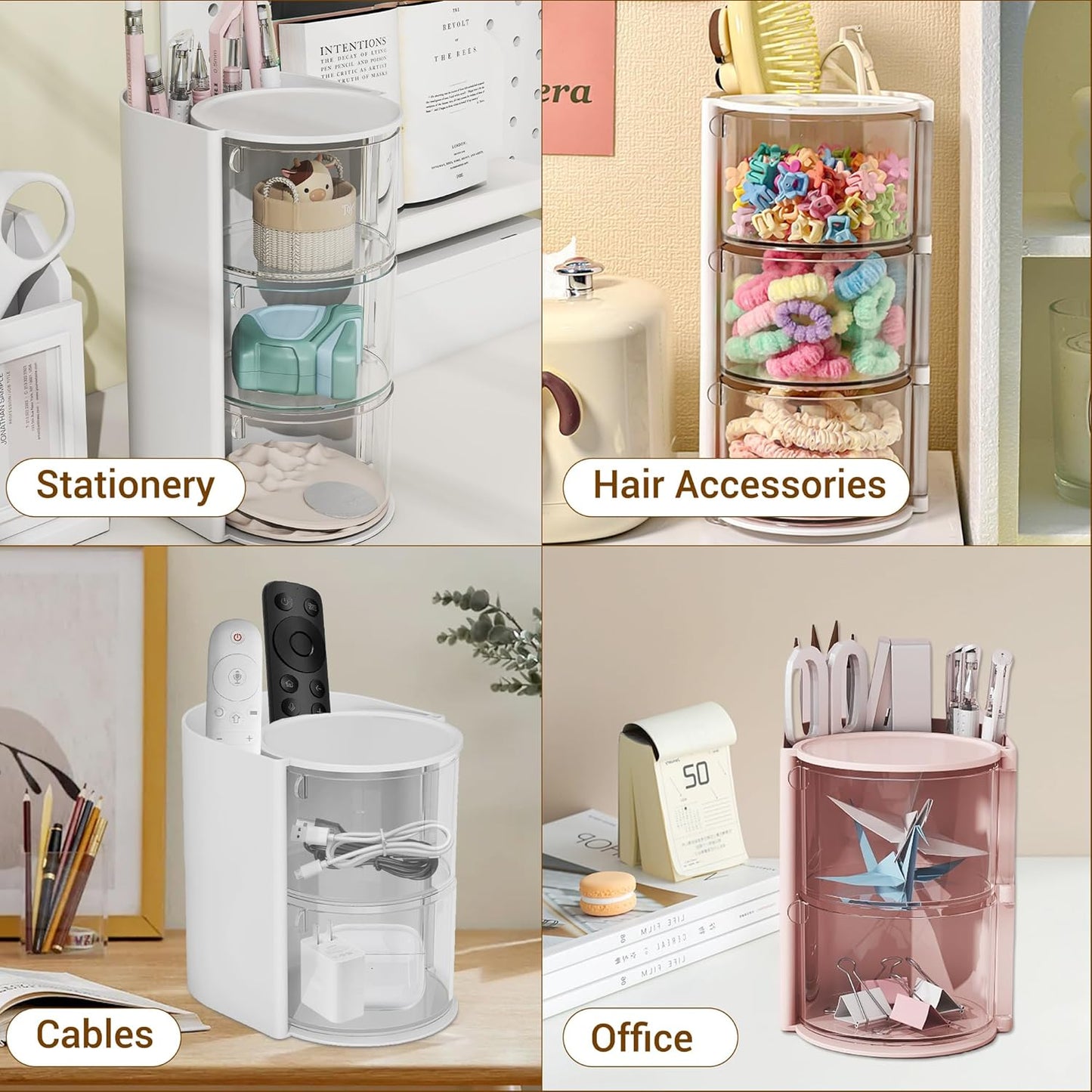 Hair Accessories Organizer with Hair Brush Holder, Rotatable Makeup Brush Holder for Necklaces, Earring, Bracelet, Ring, Makeup Brushes, Hair Clip and Hair Accessories (White, 3-Layer)