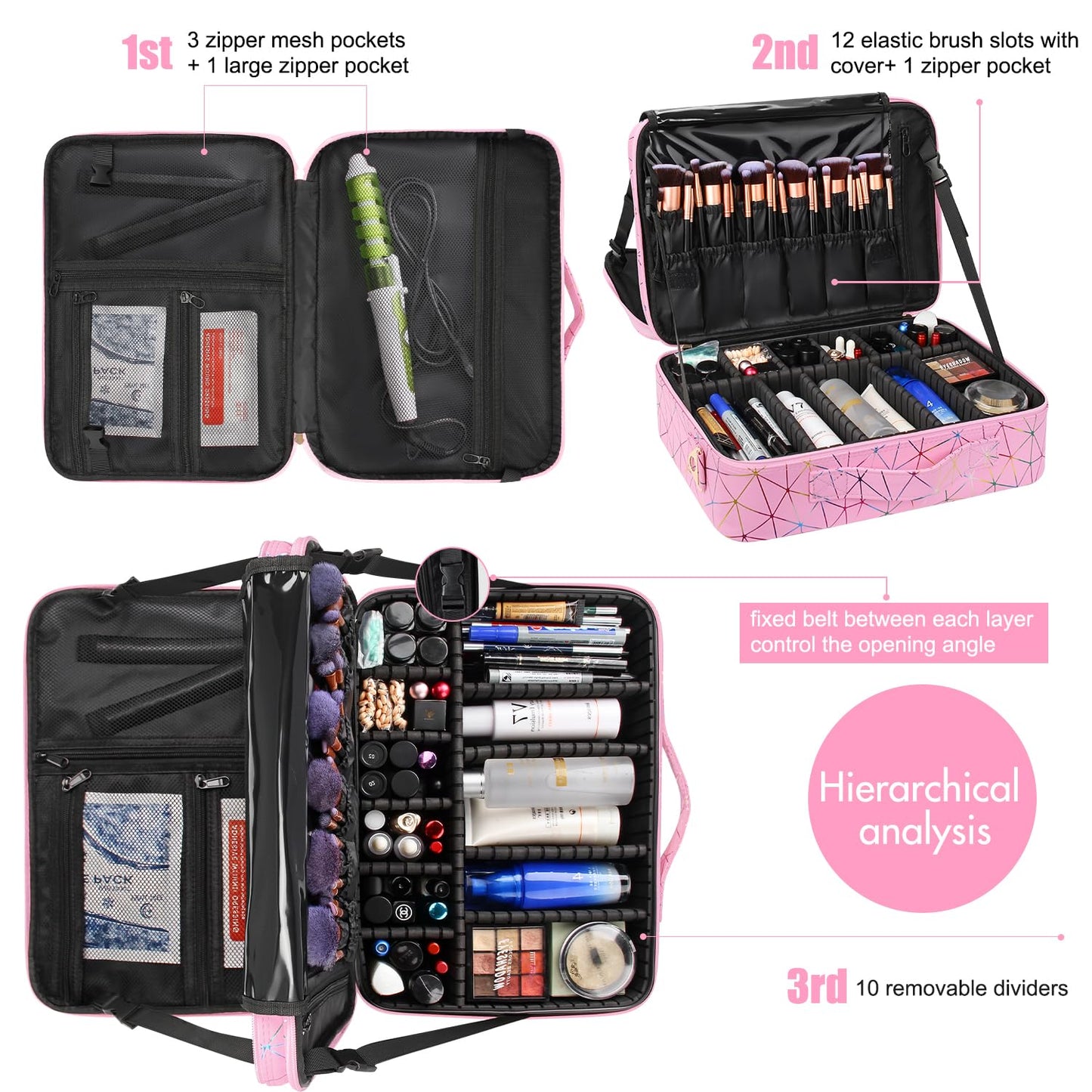 Professional Makeup Case Bag|3 Layers Large Capacity Cosmetic Organizer Brush Bag,Barber Train Case Makeup Artist Box,PU Leather Stylish Geometric Reflection Patterns Pink