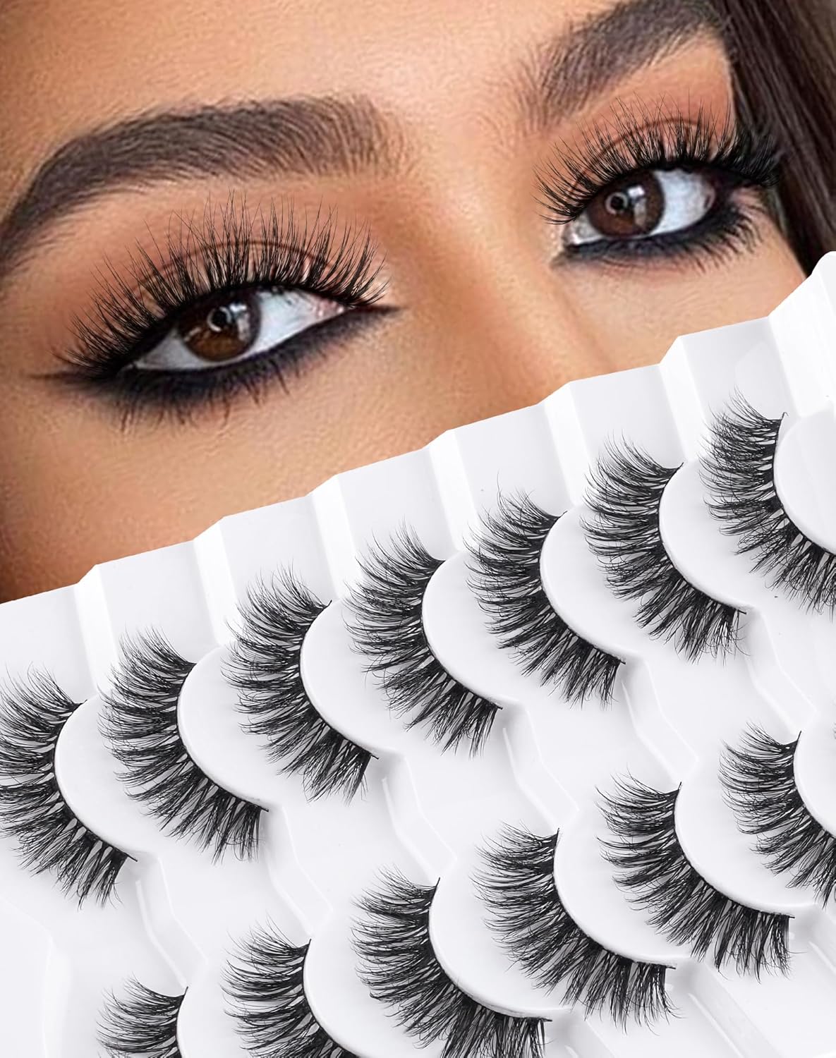 Lashes Wispy False Eyelashes Natural Look Fluffy Mink Lashes Doll Eyelashes Thick Faux Mink Eyelashes C Curl Fake Lashes 14MM 7 Pairs