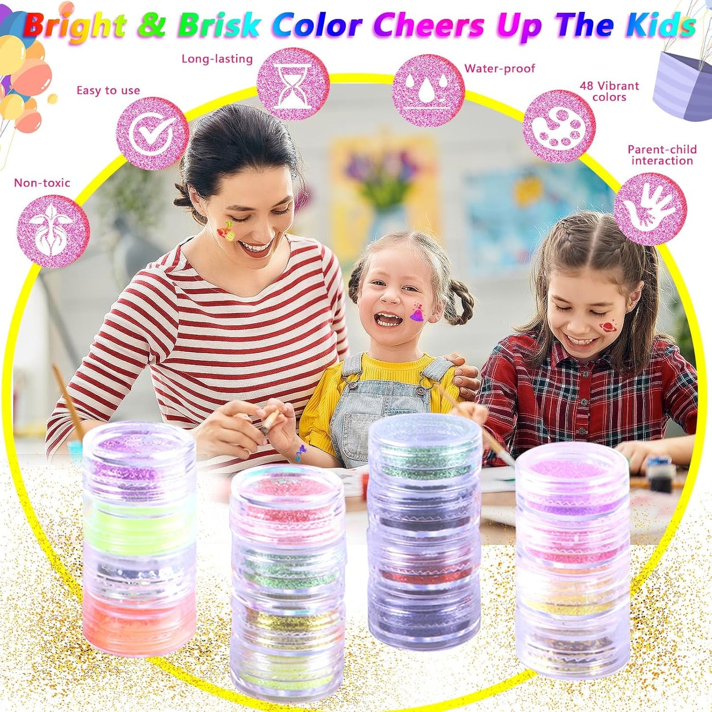 Temporary Glitter Tattoos Kit Kids, 48 Colors Powder with 209 Temporary Tattoo Stencils and 5 Luminous Tattoo Stickers, Body Nail Arts and Craft Glitter Make Up Kit, Gifts for Girl Boy Party