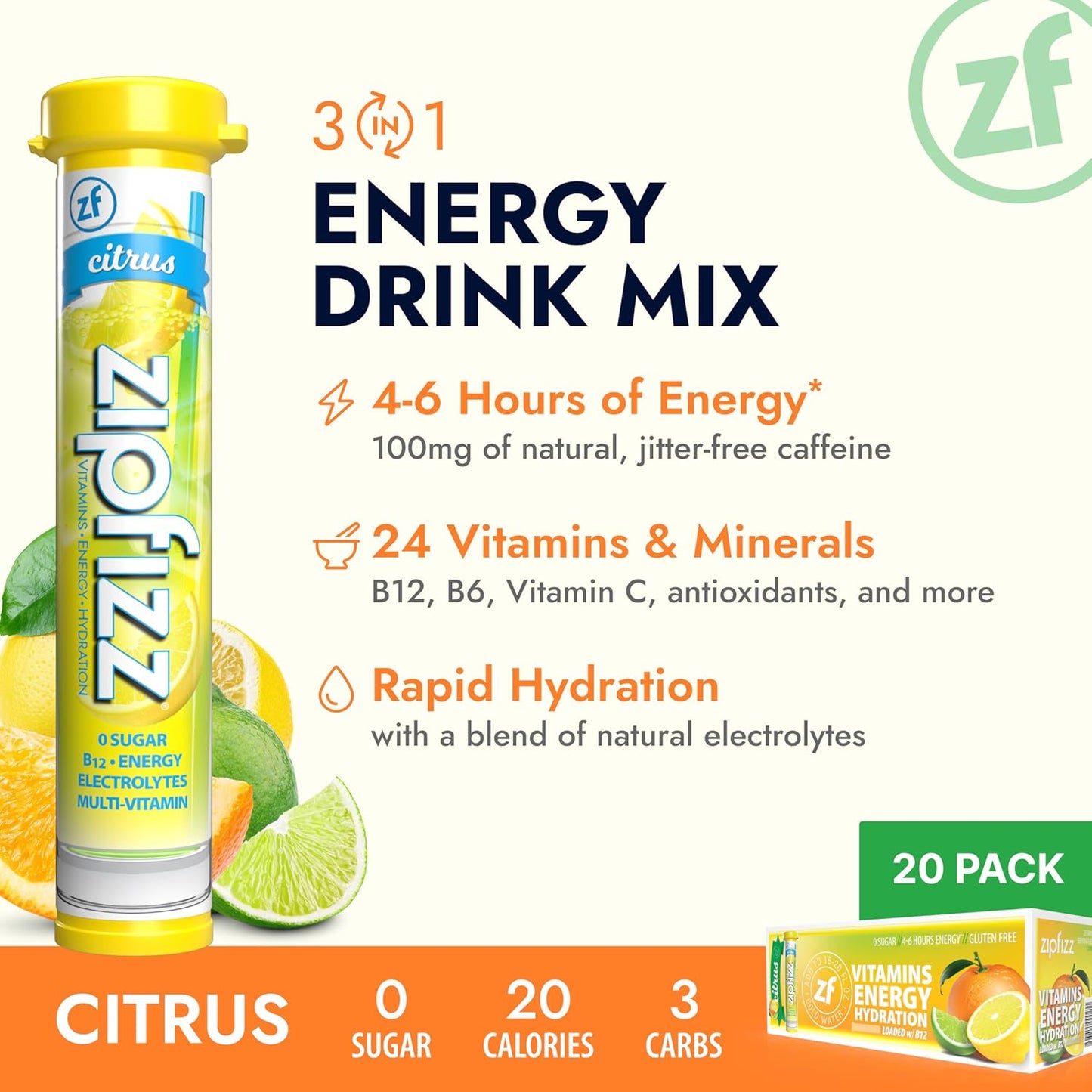 Zipfizz Daily Energy Drink Powder, Citrus, 20 Pack, 3-in-1 Sustained Energy, Rapid Hydration, and Essential Vitamins, Sugar-Free, Electrolyte Powder, Contains Vitamin B-12 & Antioxidants