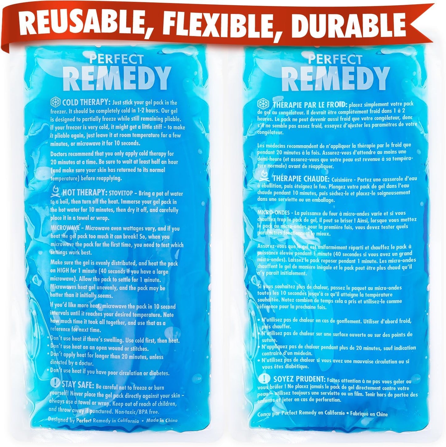 Perfect Remedy 2-Pack Gel Ice Packs for Injuries - Reusable, Soft & Flexible Hot & Cold Compress, Soothing Aid for Sprains, Strains, Soreness conditions, Alternative to Hot Water Bottles (Blue, Large)